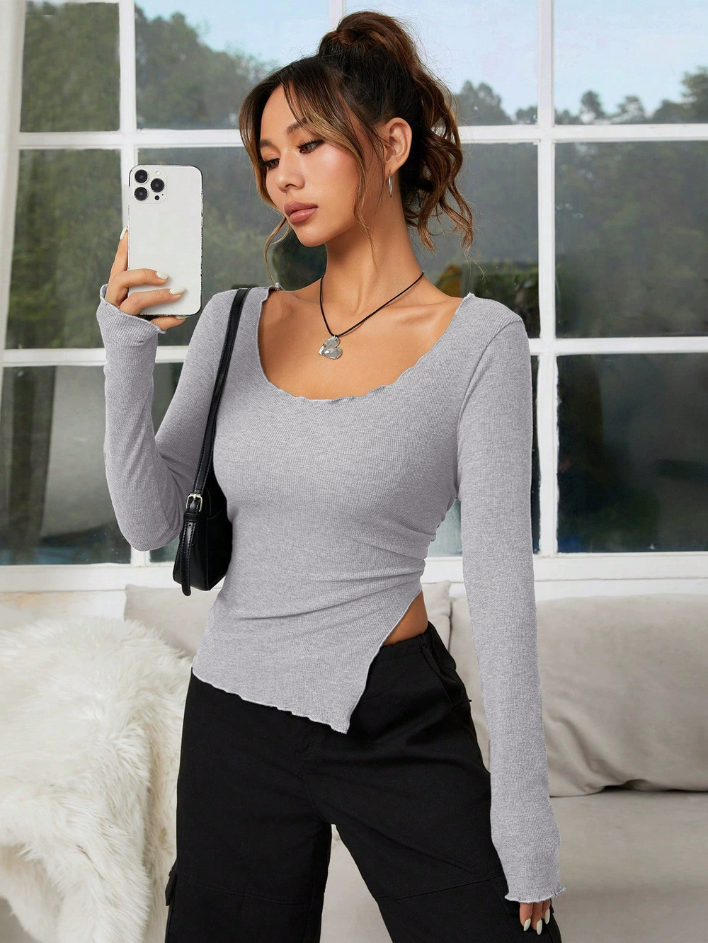 ZARA Slit Asymmetric Fitted Long Sleeve Slim Crop Top